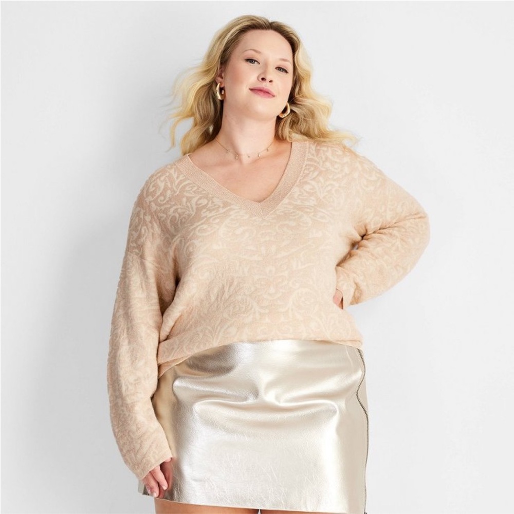 NWT Women's V-Neck Brocade Sweater - Future Collective Cream XXL